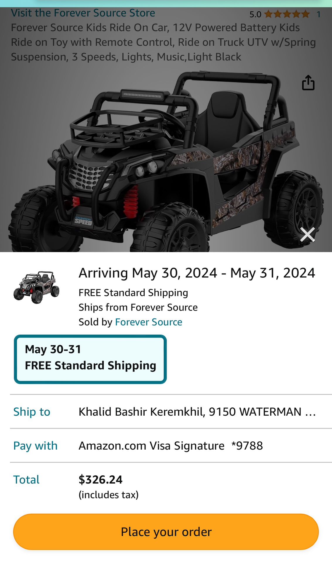 Forever Source Kids Ride On Car, 12V Powered Battery Kids Ride on Toy with Remote Control, Ride on Truck UTV w/Spring Suspension, 3 Speeds, Lights, Mu