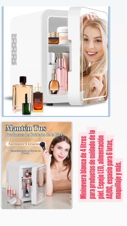 Mininevera blanca de 4 litros para productos de cuidado de la piel. Espejo LED, alimentación AC/DC, espacio para 6 latas, maquillaje y más.
