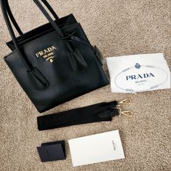 Authentic Prada Logo Medium Black Leather Handle Bag with shoulder strap comes with dust bag