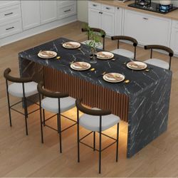 71" Large Imitation Marble Dining Table for 4-6 People, Island Table with LED Lights, Mordern Marble Stripes Kitchen Dining Table with Grille design f