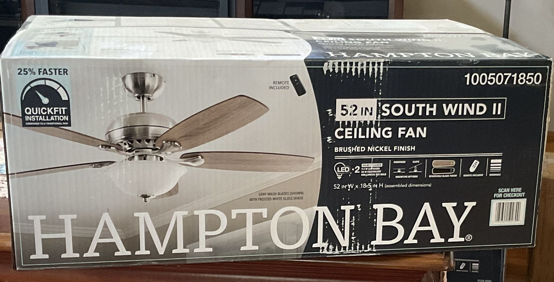 Hampton Bay Southwind II 52 in. Indoor LED Brushed Nickel Ceiling Fan -  New