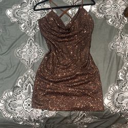 Brown Sequins Mini Dress