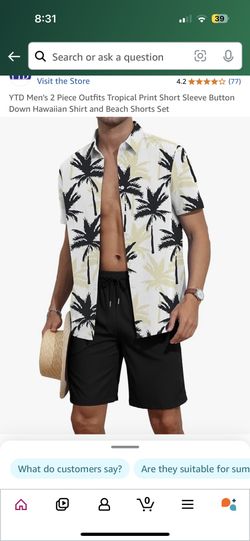YTD Men's 2 Piece Outfits Tropical Print Short Sleeve Button Down Hawaiian Shirt and Beach Shorts Set
