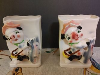 Vintage Hand Painted 6" Cow Ceramic Hanging Planters - Set of 2