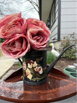 Vintage 1984 Tole Painted Black Metal Watering Can with Hand Painted Floral Design