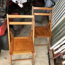 2 Vintage Antique Oak, Folding Wood Chairs 