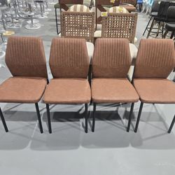 M-New Dining Chairs Set of 4, Brown PU Leather Dining Chairs, Comfortable Upholstered Armless Kitchen Chairs with Black Metal Legs for Living Room, Di