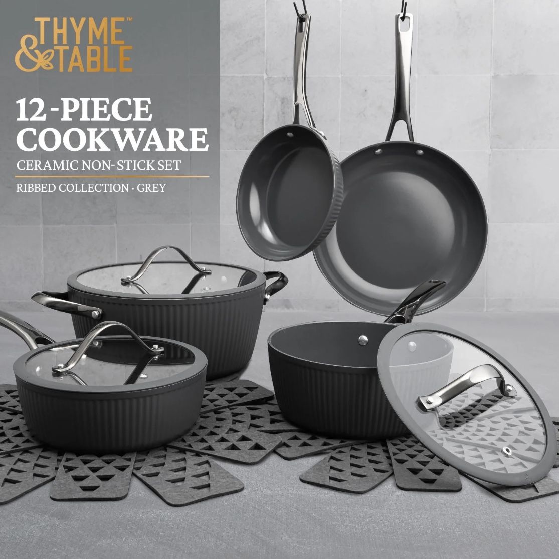 Thyme & Table Signature 12-Piece Cookware Set Non-Stick- Grey