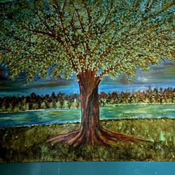 Large Acrilic on Canvas Landscape Painting Featuring a Large Tree by The Body Of Water 40"×30.5"