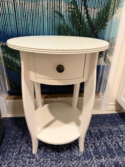 White Round Nightstand with Drawer and Shelf