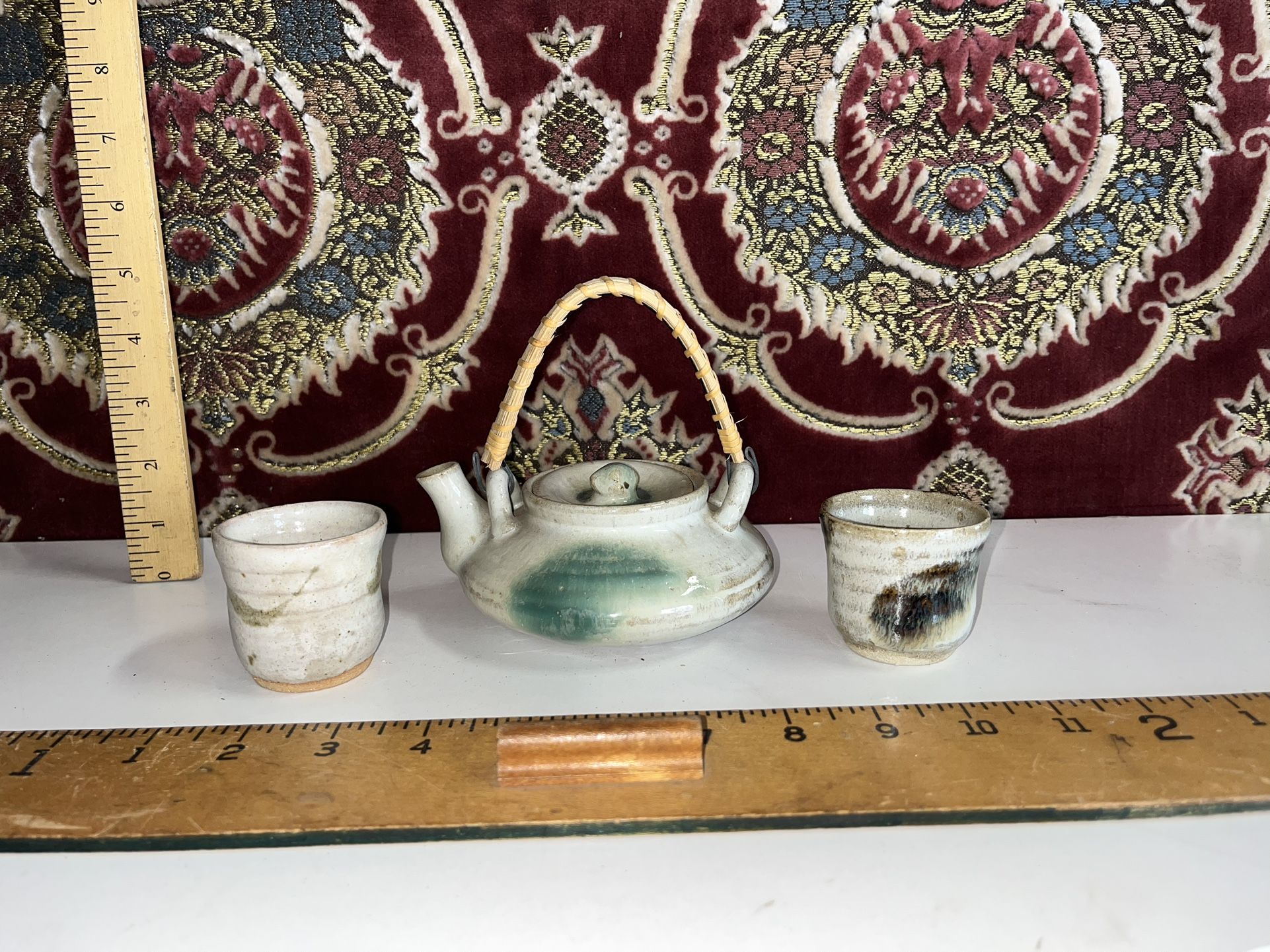 Vintage Japanese MCM Glazed Ceramic Teapot W/ 2 Cups