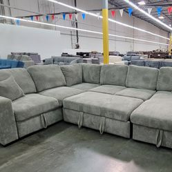 ✅️✅️4 pc Grey corduroy fabric sectional sofa with storage chaise and love seat and pop up sleep area in center USB charging✅️✅️✅️