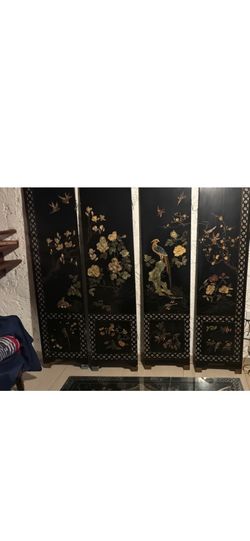 Parabán Chino Oriental de 4 Paneles/ Vintage Chinese 4-Panel Folding Screen with Inlay