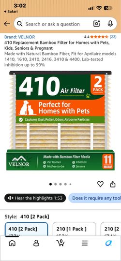 Velnor air filter 410