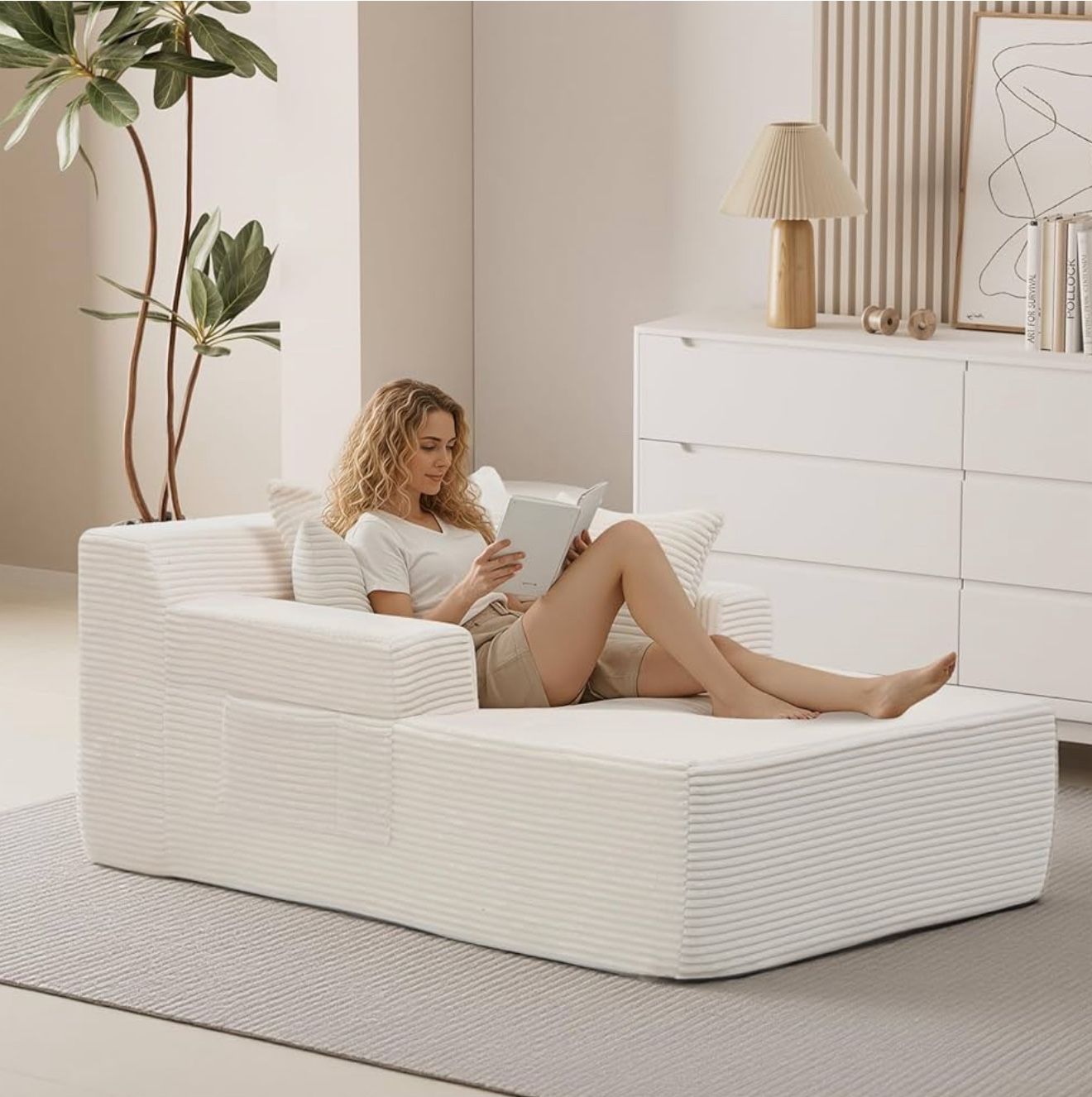 65" Chaise Lounge Chair Indoor, Oversized Corduroy Upholstered Sofa Bed with 3 Pillows, Comfy Sleeper Couch Chairs, Cloud Sleeper Sofa for Bedroom Liv