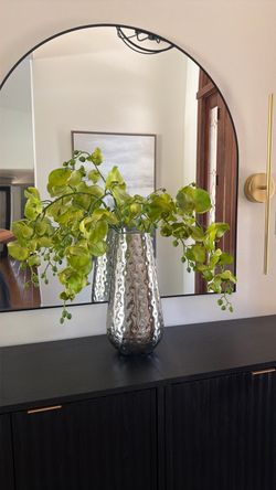 Silver Metal Vase with Green Orchids