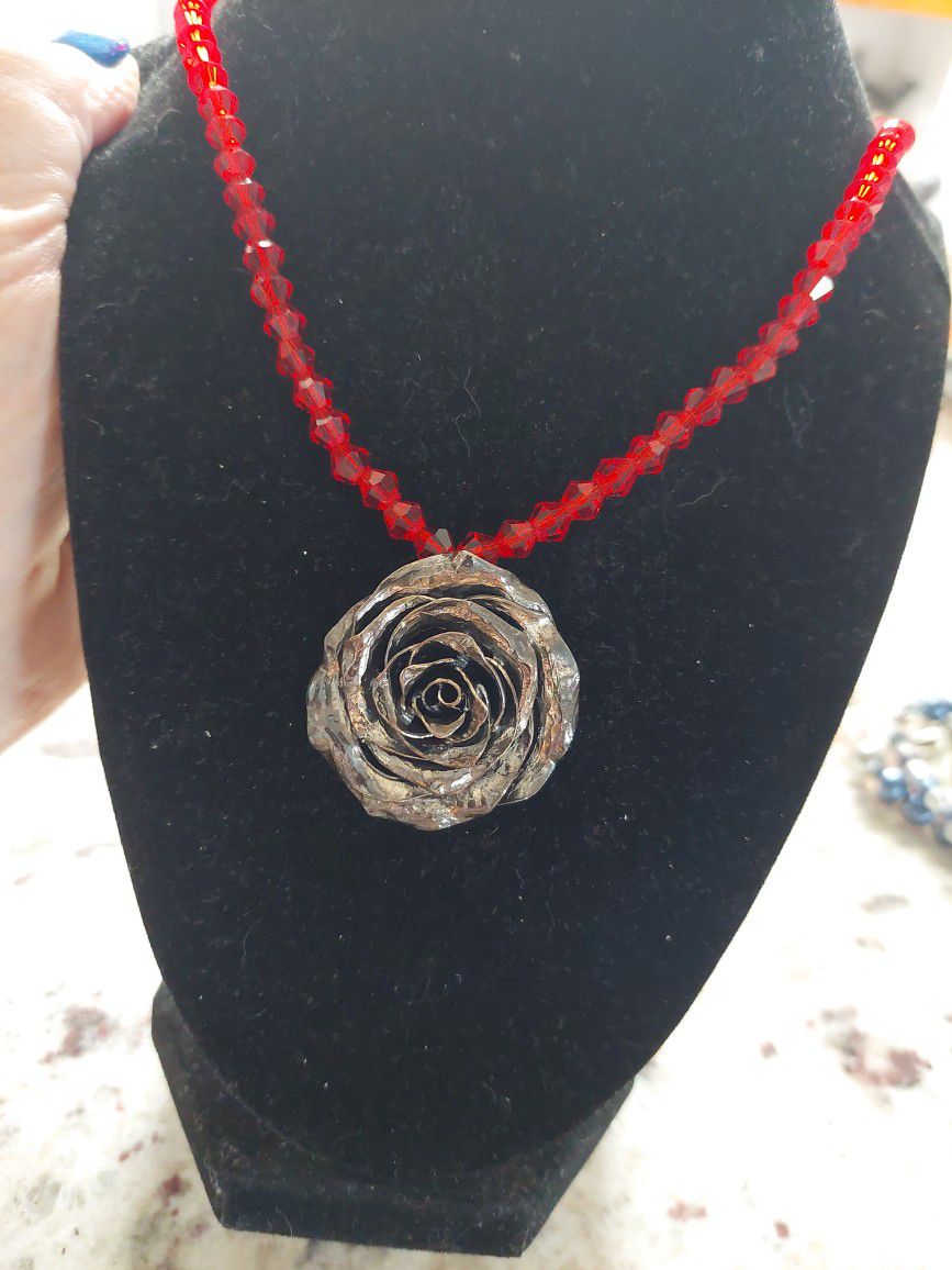 STERLING SILVER ROSE NECKLACE ON RED BEADS