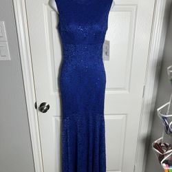 Sapphire Blue Sequined Full Length Fish Tail Prom Dress