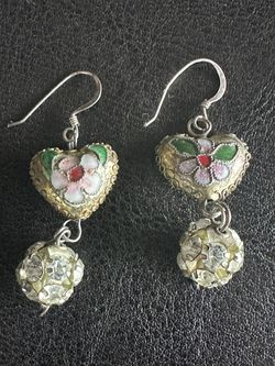 Heart Cloisonne' Vintage Dangle Rhinestone Earrings.
