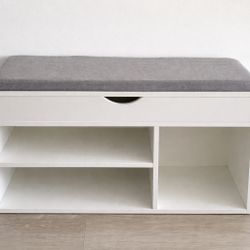 White Entryway Shoe Storage Bench with Cushion – 32” Wide