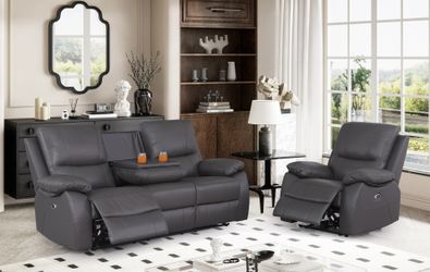 Power Recliner (Set Of 2pc), Genuine Leather, Recliner Chair + 3-Seater Sofa Couch