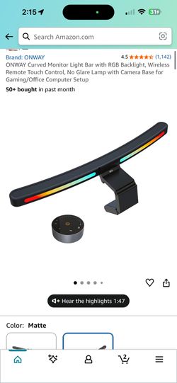 ONWAY Curved Monitor Light Bar with RGB Backlight, Wireless Remote Touch Control, No Glare Lamp with Camera Base for Gaming/Office Computer Setup