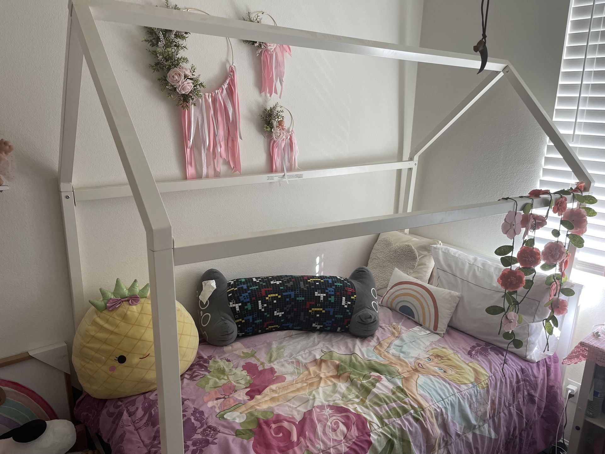 Twin White Metal Bed House Frame