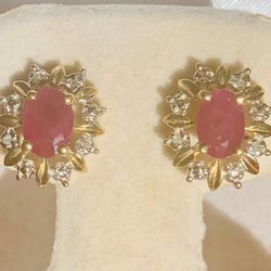 14k Solid Gold 2 Tone 1.5 Ct Genuine Oval Garnet Diamond Flower Stud Earrings + Red Velvet Box 