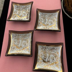 MCM Set Of (4)  2-1/4”  Smoked Glass Bell Floral Pattern Plate Ashtray Salt Dish