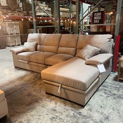 Beige Fabric Pull Out Sleeper Sofa With Storage Chaise - Alcester