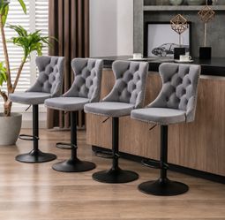 Swivel Velvet Bar Stools Set of 4, Adjustable Height 25-33 Inch, 17.7" Base, Tufted Back Support, Modern Kitchen Island Stools, Gray velvet