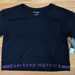 bebe sport Athletic Tee Women’s Large Black/Purple Cropped Shirt Logo Casual New