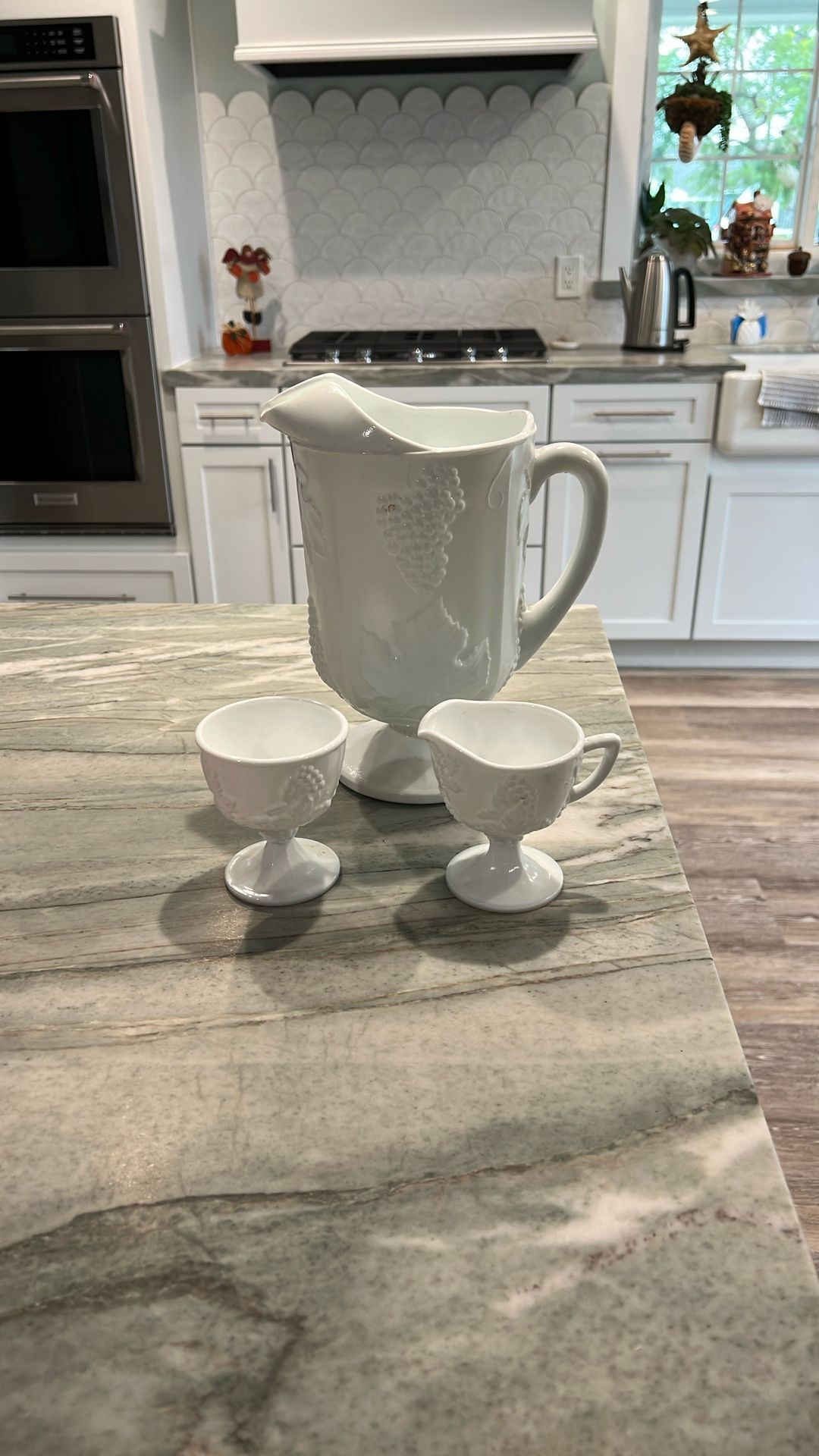 Milk Glass Pitcher And Cream And Sugar Set