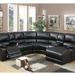 Black Faux Leather Sectional Sofa With Recliner And Chaise (Free Delivery)