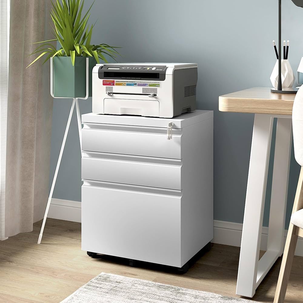 Mobile File Cabinet for Home Office, Lockable 3 Drawer Filing Cabinet with Wheels for A4-Size/Letter-Size/Legal-Size, Fully Assembled Except Casters,