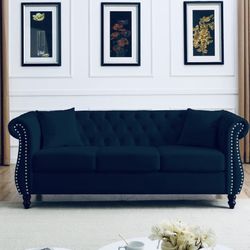 80" Chesterfield Velvet Set if 2 Sofa with Rolled Arms, Ideal for Living Room, Office - Black