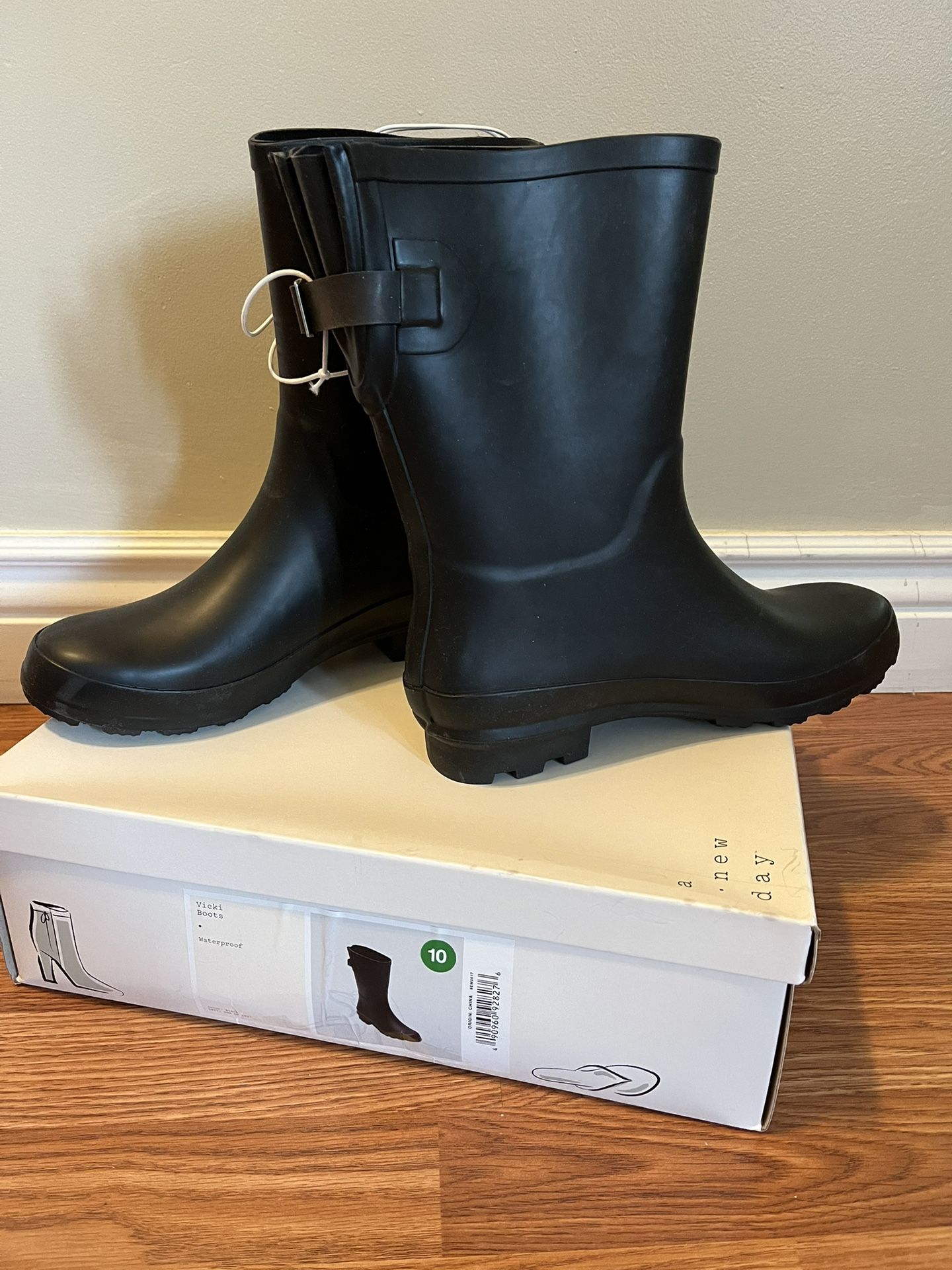 New Waterproof Rain Boots - Black. Never Worn. Size 10.