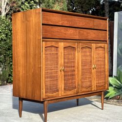 Mid Century Modern Walnut Cane Tall Dresser Gentleman's Chest Armoire 