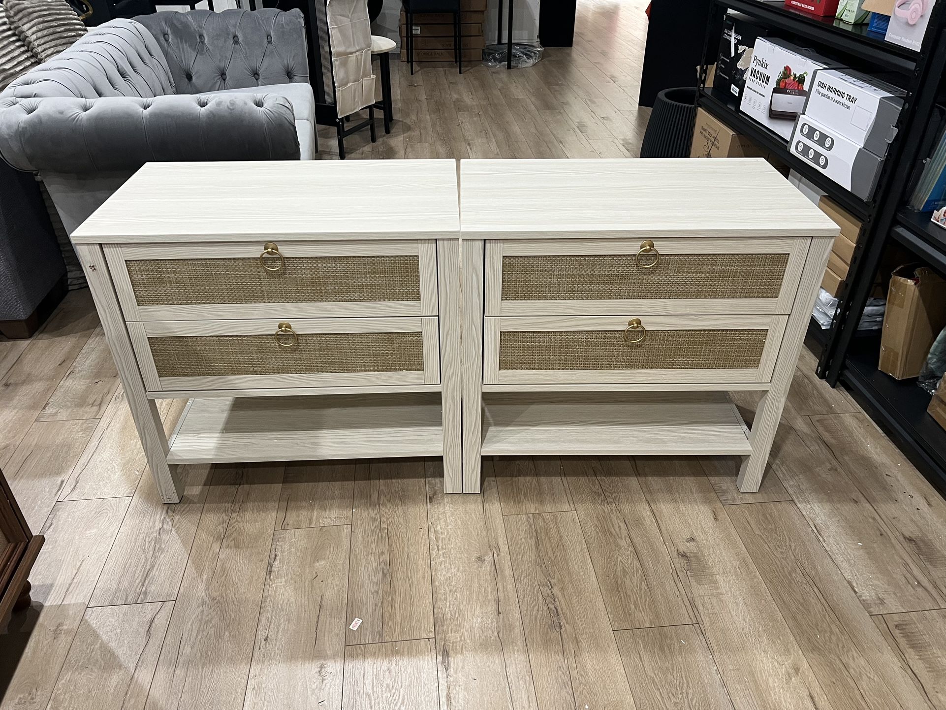 White Night Stand Set of 2, Large Nightstand with Drawers and Storage Shelf - Rattan Boho Bedside Table Narrow Side Table for Bedroom,