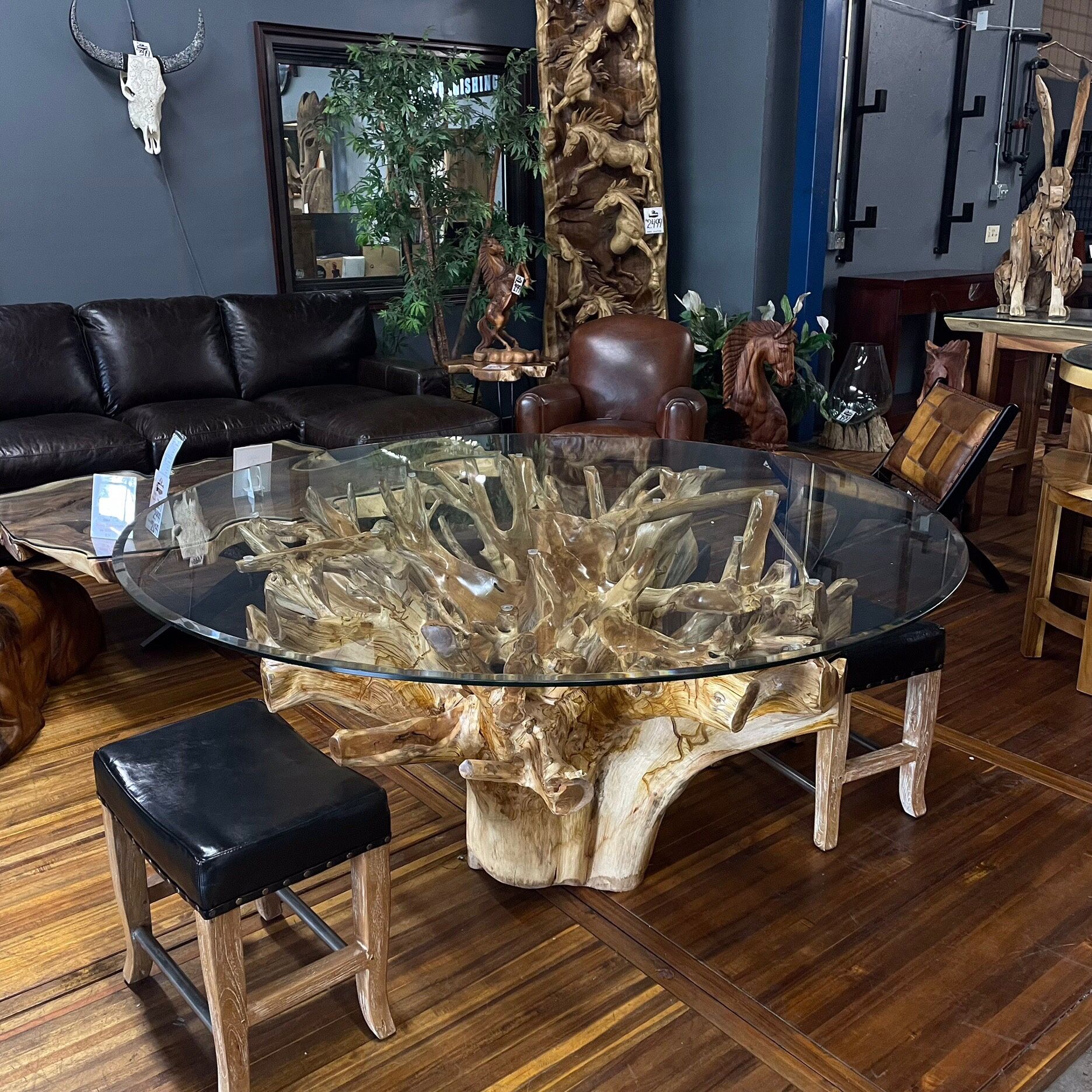 Teak Root Dining Table w Round Glass Top