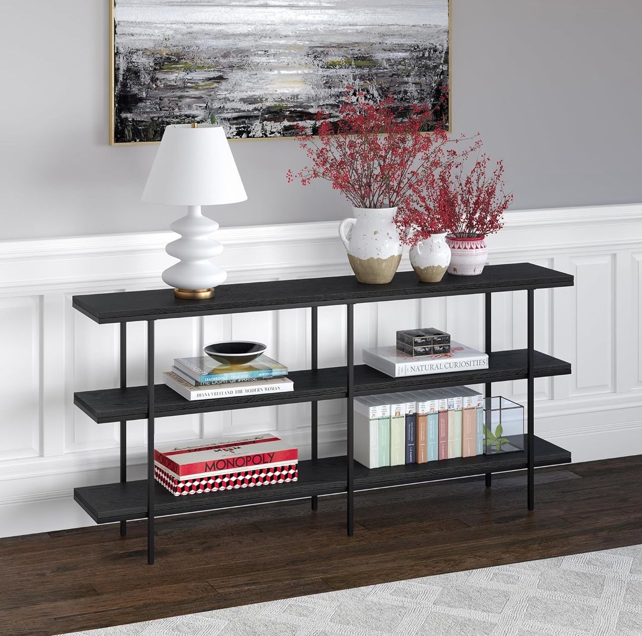 Henn&Hart Harper 64'' Wide Console Entry Sofa Table In Black Grain, Bookcase or Bookshelf 