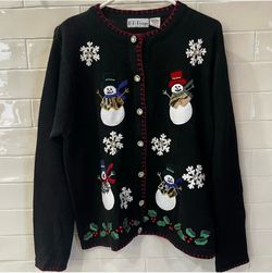 Vintage Christmas Ugly Sweater Kitschy Embellished B.P. Designs Snowmen Med