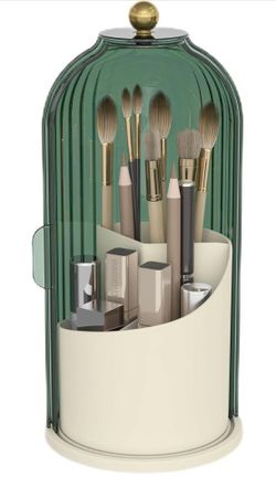 Makeup Brush Holder with Dustproof Cover 360 Rotating Makeup Brush Organizer for Vanity Bathroom, Green 