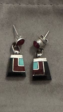Vintage 9.25 Sterling Silver Navajo turquoise; spiny oyster, Multi-Stone Inlaid Earring