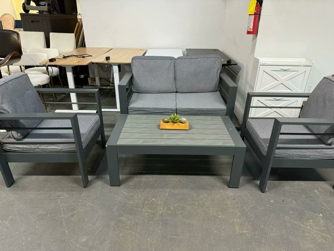 Outdoor Patio Furniture Set, 4 Pieces Aluminum Sectional Sofa, Metal Patio Conversation Set with Loveseat, 5 Inch Grey Cushion and Coffee Table (Dark