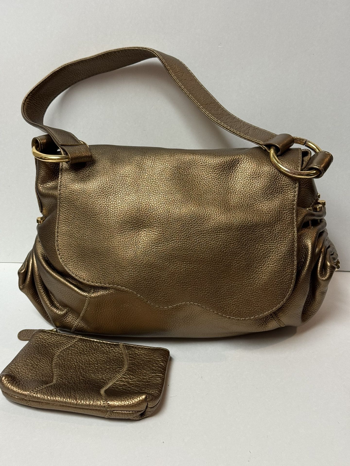 Chi Carlos Falchi Pebbled Leather Bronze Shoulder Bag With Gold Ring Accents