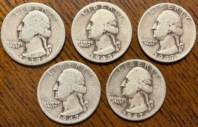 Lot of (5) 1939 Silver 90% Washington 1943 Quarters 1947