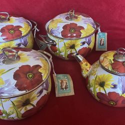 Lot NEW PIONEER WOMAN ENAMELED 4 QT POT + TEA POT FLOWER GARDEN ‼️ RETIRED ‼️