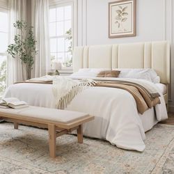 King Size Platform Bed Frame, Velvet Upholstered Bed with Adjustable Headboard, Vertical Channel Tufted Design, Sturdy Wood Slat Support, No Box Sprin