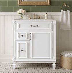 DUMOS 30" Freestanding Bathroom Storage Cabinet, Modern Vanity with Ceramic Sink, Equipped with 1 Door and 3 Drawers, Stable Structure, Easy Assembly,